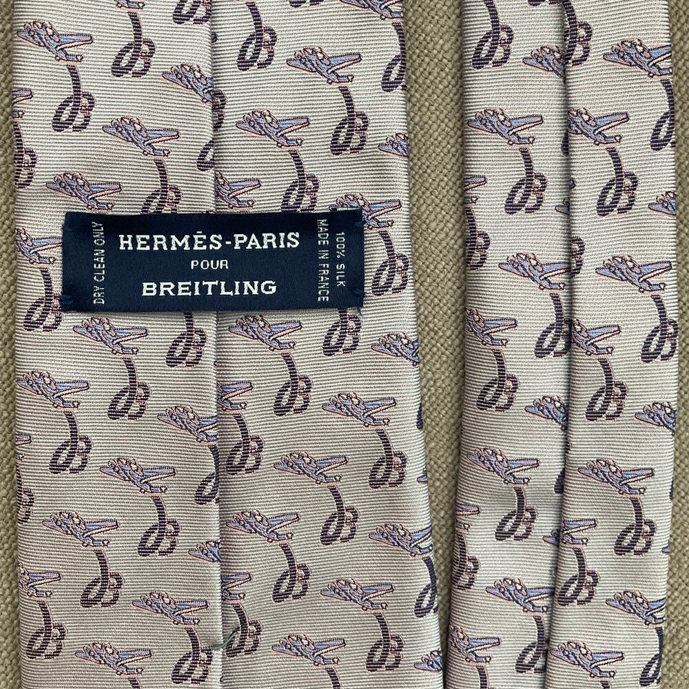 RARE HERMES TIE ~ BREITLING AIRPLANE PLANE B LOGO FLYING IN THE CLOUDS XL